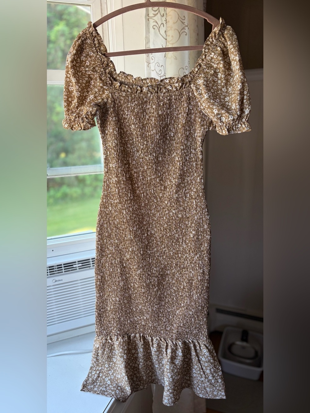 NWT Smocked On/Off Shoulder Puff-Sleeve Column Dress Sz S Ruffle Hem Cottage